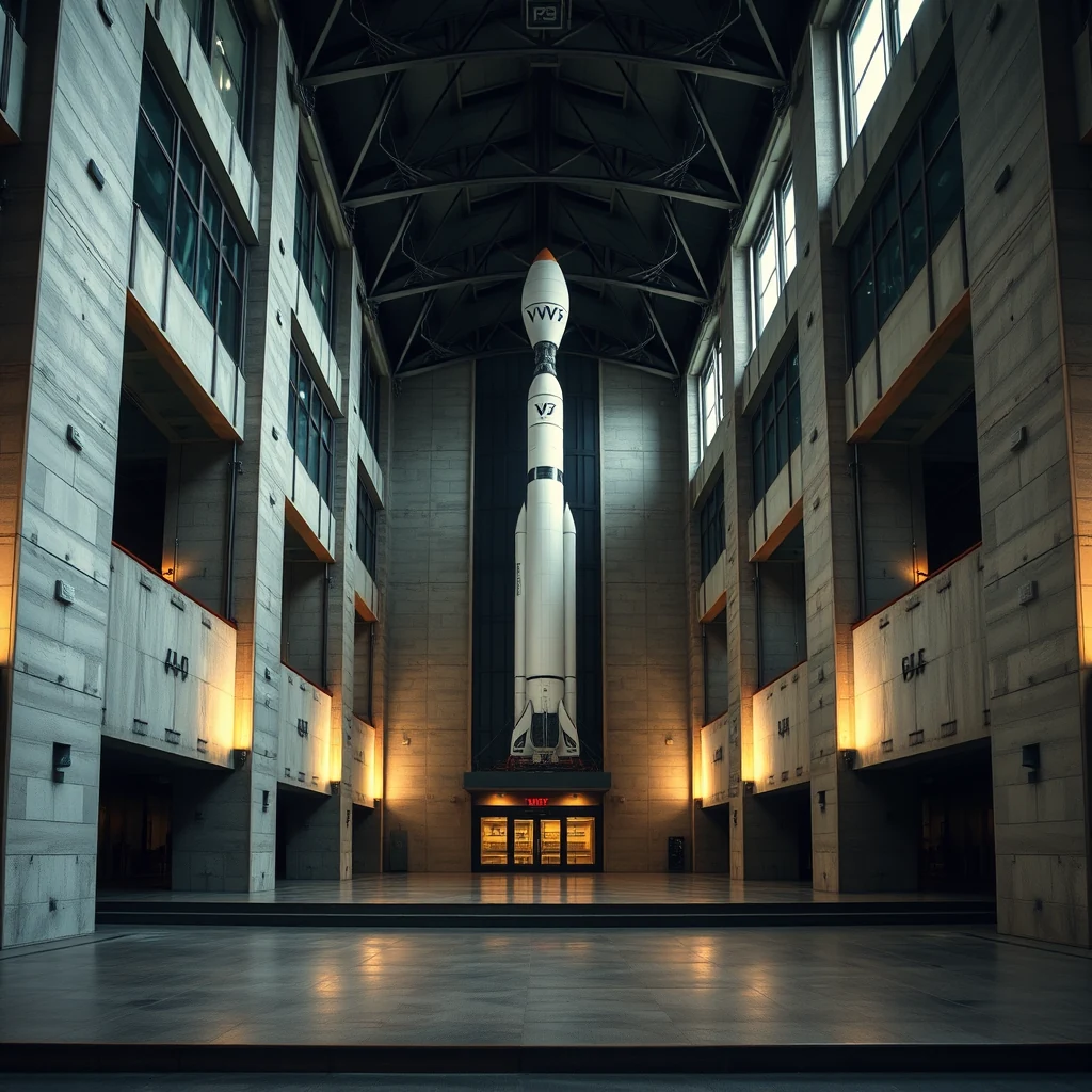 A large rocket stands prominently in a spacious, modern building with high ceilings and large windows, illuminated by warm lighting.