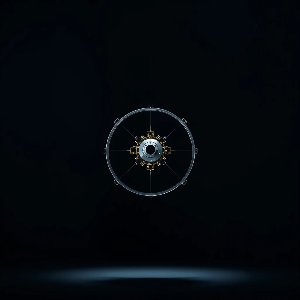 A circular object with a central hub and radiating arms is illuminated against a dark background, symbolizing the planned LISA mission's spacecraft configuration.