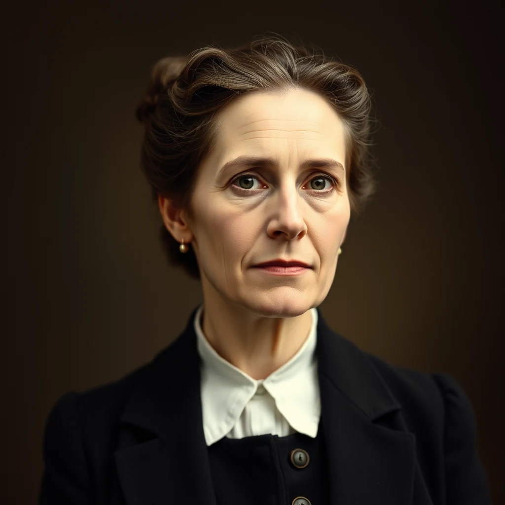 A woman with her hair styled in an updo, wearing a dark blazer over a white collared shirt, stands against a dark background.