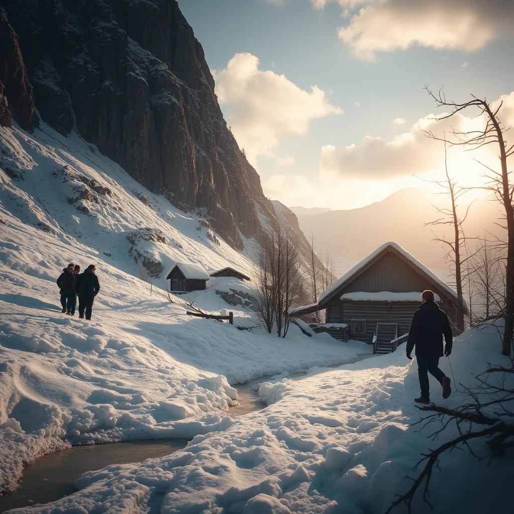 A serene winter scene depicts snow-covered cabins nestled in a mountainous landscape, with a person walking along a snowy path, capturing the essence of a cold, tranquil environment.