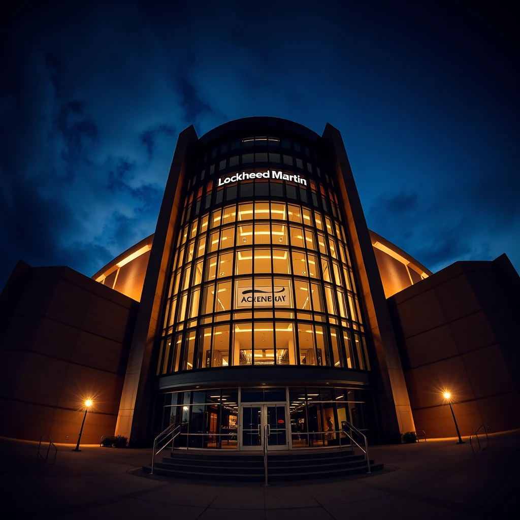 A nighttime view of the Lockheed Martin building, illuminated with warm lights, showcasing its modern architecture and the company's name prominently displayed above the entrance.