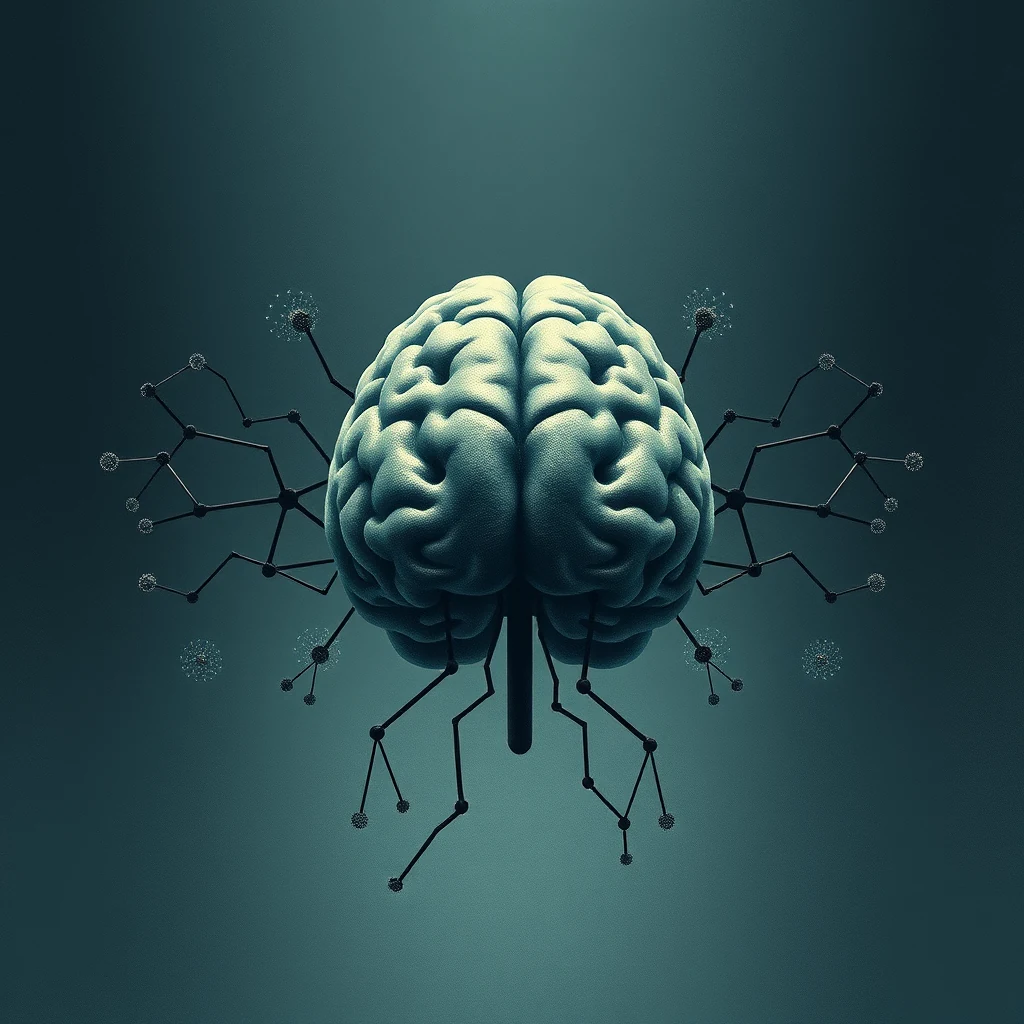 A brain with molecular structures extending from it symbolizes long-term potentiation (LTP), a process where synaptic transmission strengthens after high-frequency stimulation.