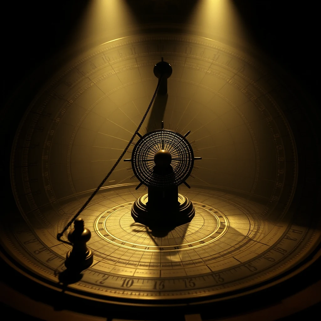 A detailed navigational instrument with a compass-like design and intricate markings is illuminated by a warm light, symbolizing the Longitude Act's quest for precision in maritime navigation.