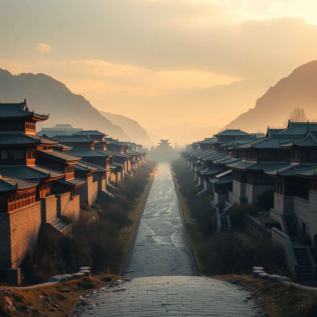 A traditional Chinese village with terracotta roofs stretches along a narrow river, framed by mountains under a golden sunset sky.