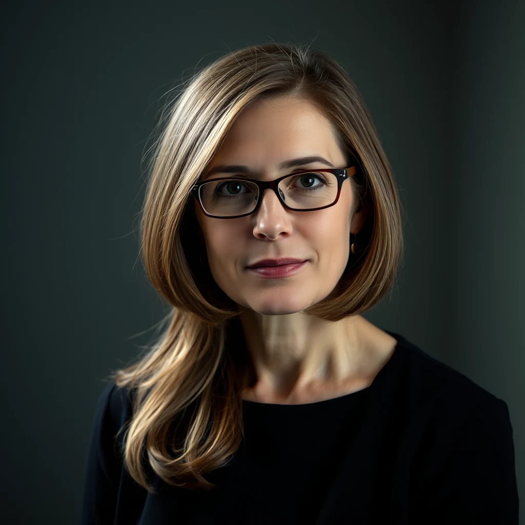 A woman with shoulder-length blonde hair and glasses is wearing a black top against a dark background.