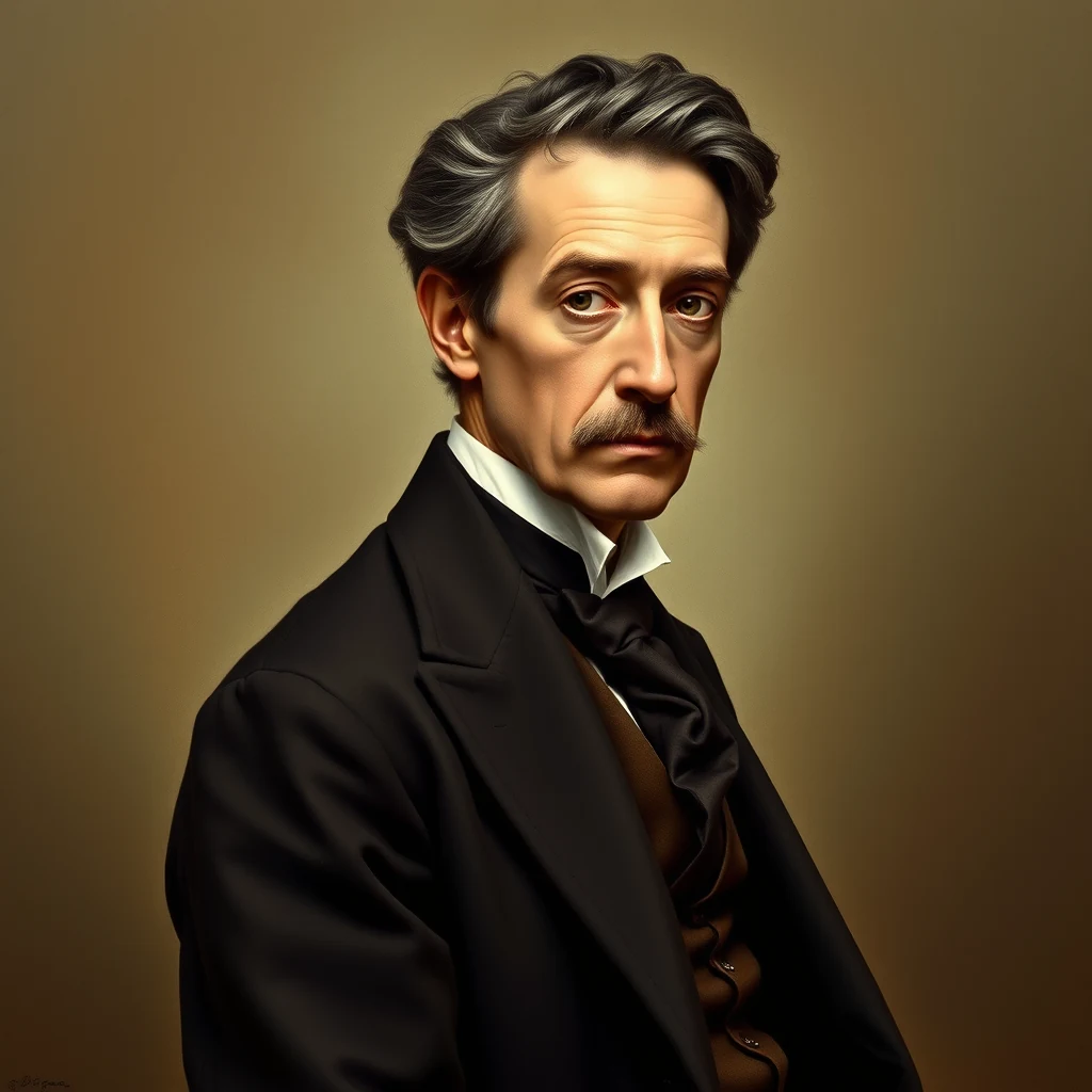 A portrait depicts a man with gray hair and a mustache, dressed in formal attire, including a black suit and bow tie, set against a warm, neutral background.