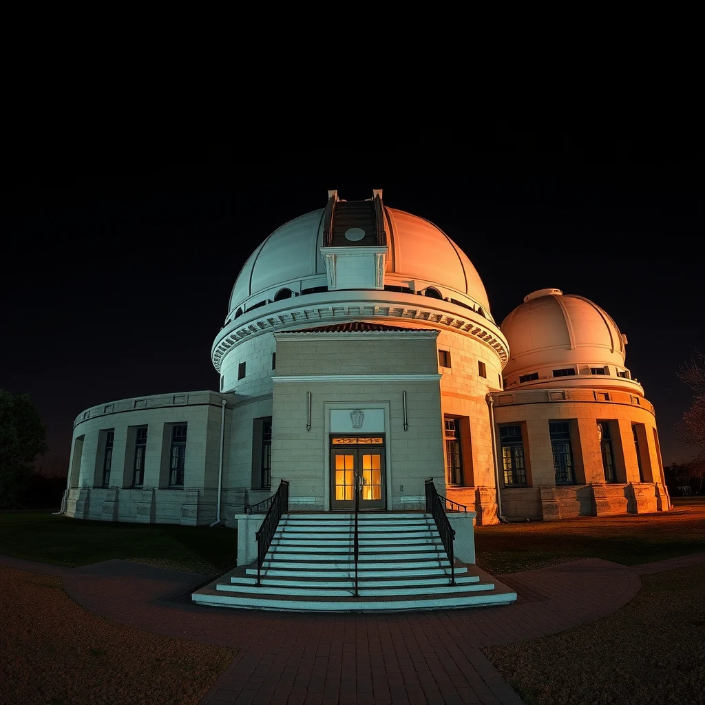A well-lit observatory with a large dome and steps leading up to its entrance stands prominently against a dark night sky.