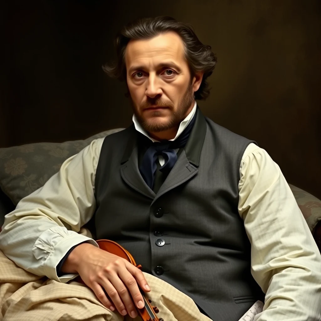 A man dressed in 19th-century attire sits on a patterned couch, holding a violin, with a dark background that highlights his formal vest and bow tie.