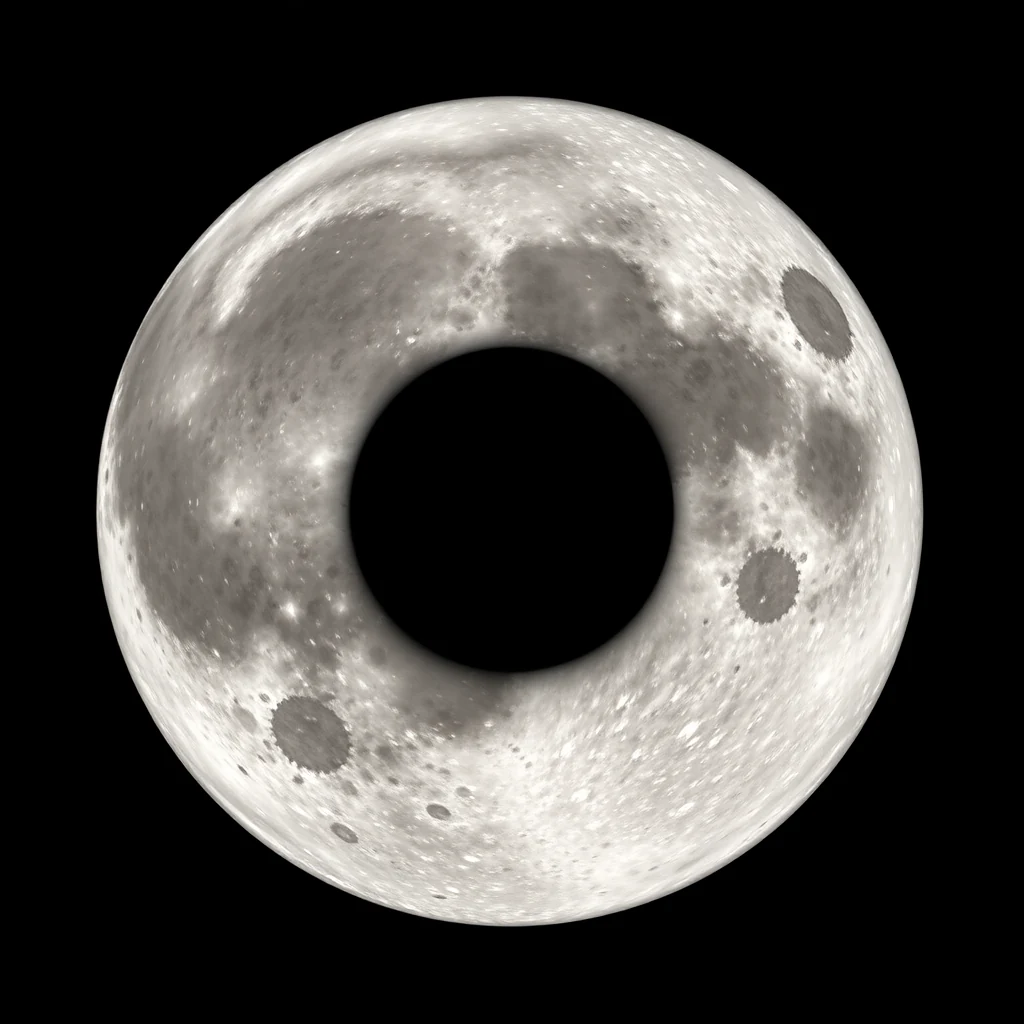 A crescent moon with a dark central shadow, resembling a ring, is shown against a black background, representing the first photographs of the Moon's far side taken by the Luna 3 probe.