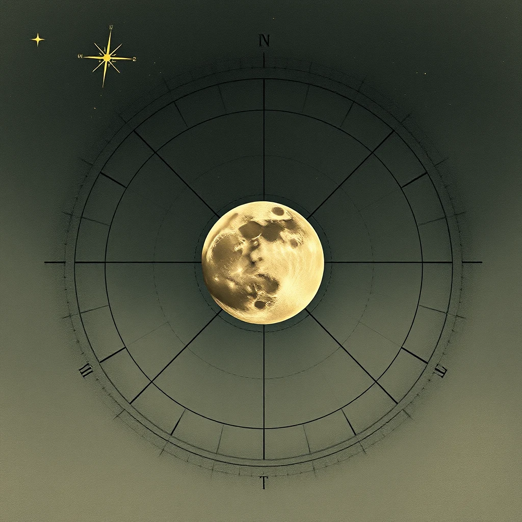A circular diagram with a detailed compass-like layout shows the moon at its center, surrounded by numbered divisions and a star in the upper left corner, illustrating lunar distances as an astronomical method for determining longitude.