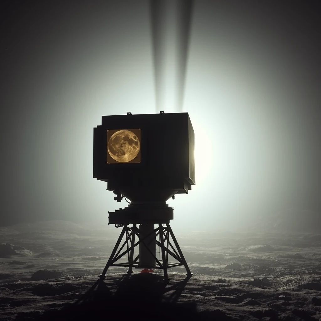 A large, box-like structure with a reflective surface emitting beams of light stands on a lunar landscape, symbolizing the Lunar Laser Ranging experiment.