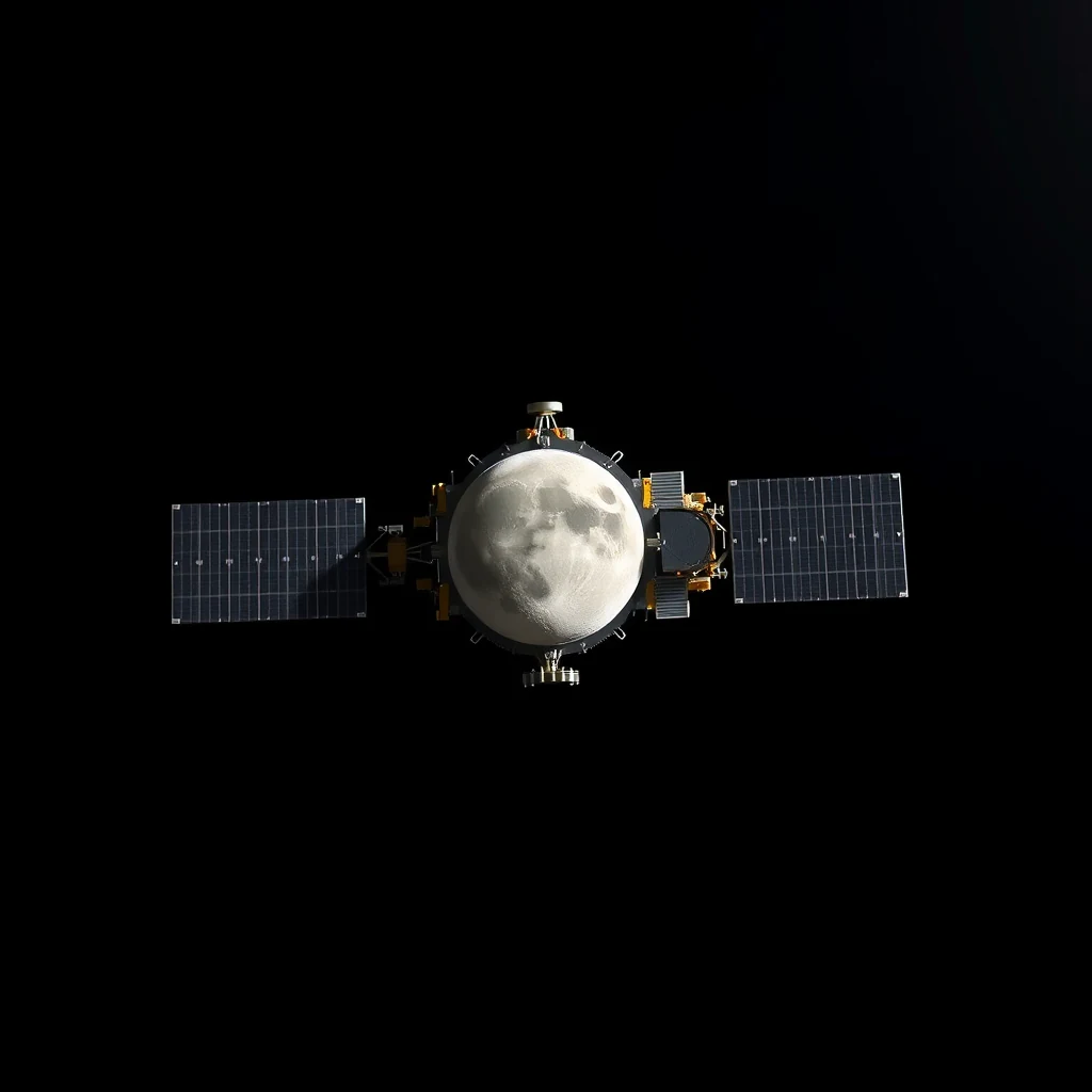 A spacecraft with solar panels extends from its sides, featuring a large, detailed representation of the Moon at its center, symbolizing the Lunar Reconnaissance Orbiter's mission to study lunar surface features.