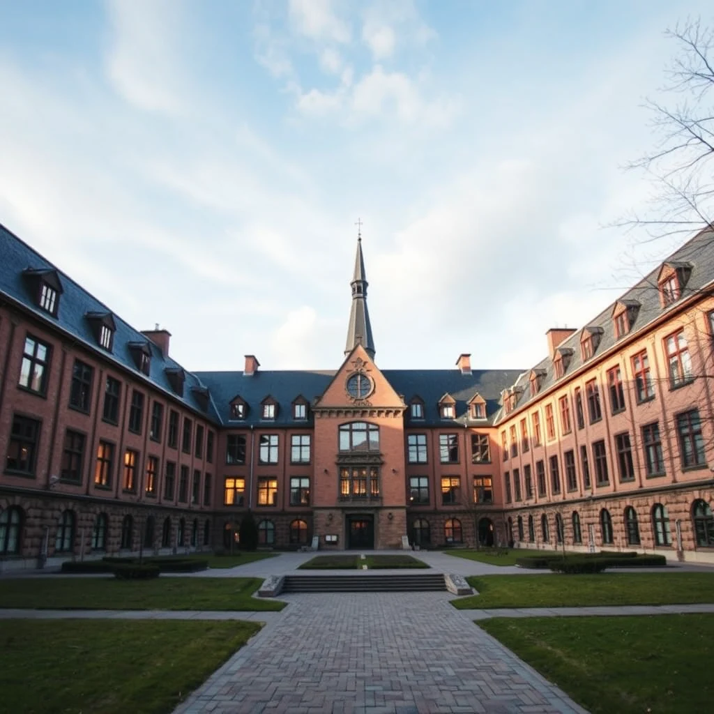 A grand, historic building with a central spire and symmetrical architecture stands within a courtyard surrounded by grass and paved pathways under a partly cloudy sky.