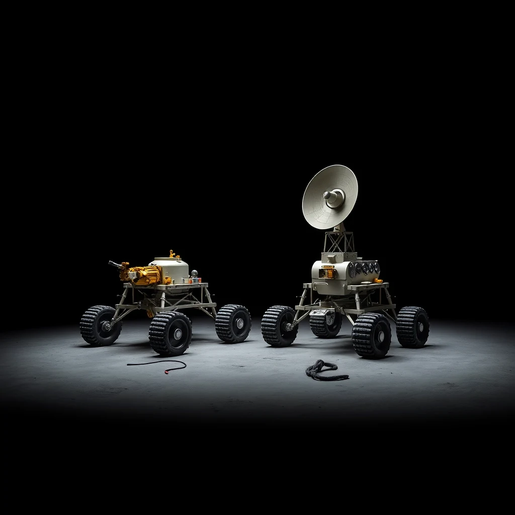 Two miniature models of Lunokhod rovers, featuring large wheels and a prominent dish antenna, are displayed against a dark background.