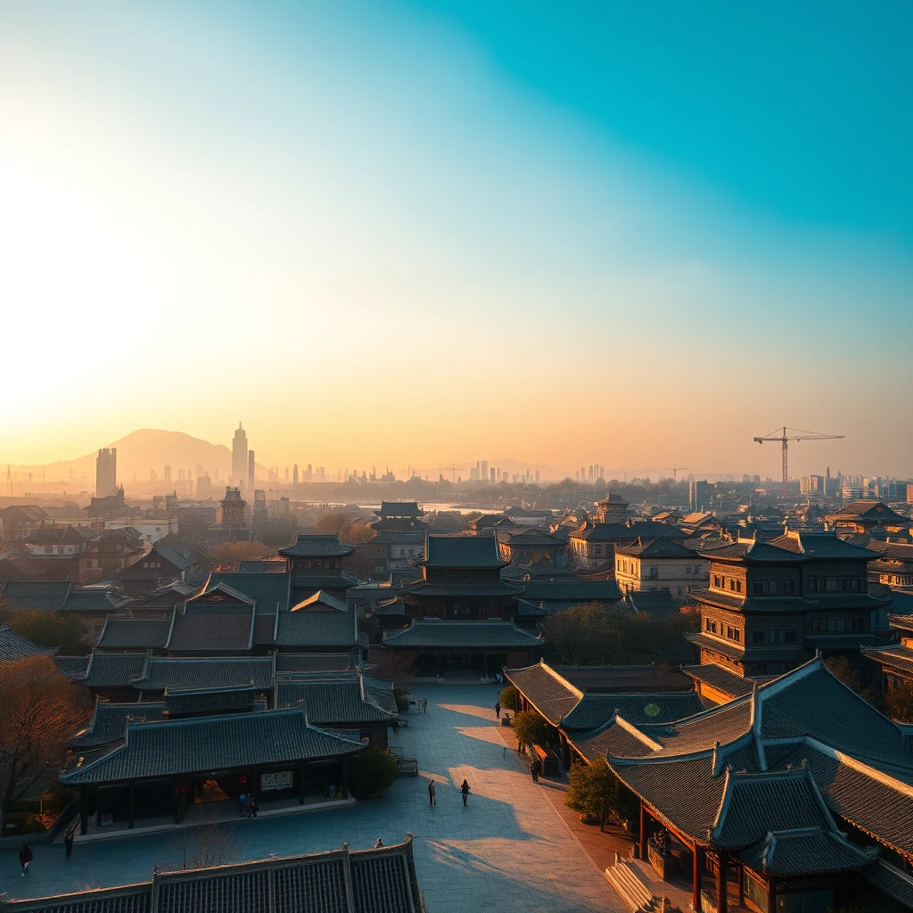A panoramic view of ancient Chinese architecture with traditional tiled roofs, set against a backdrop of modern skyscrapers and a hazy sunset sky, illustrating the historical and contemporary coexistence of Luoyang, a city in Henan province that once served as the capital of several dynasties.