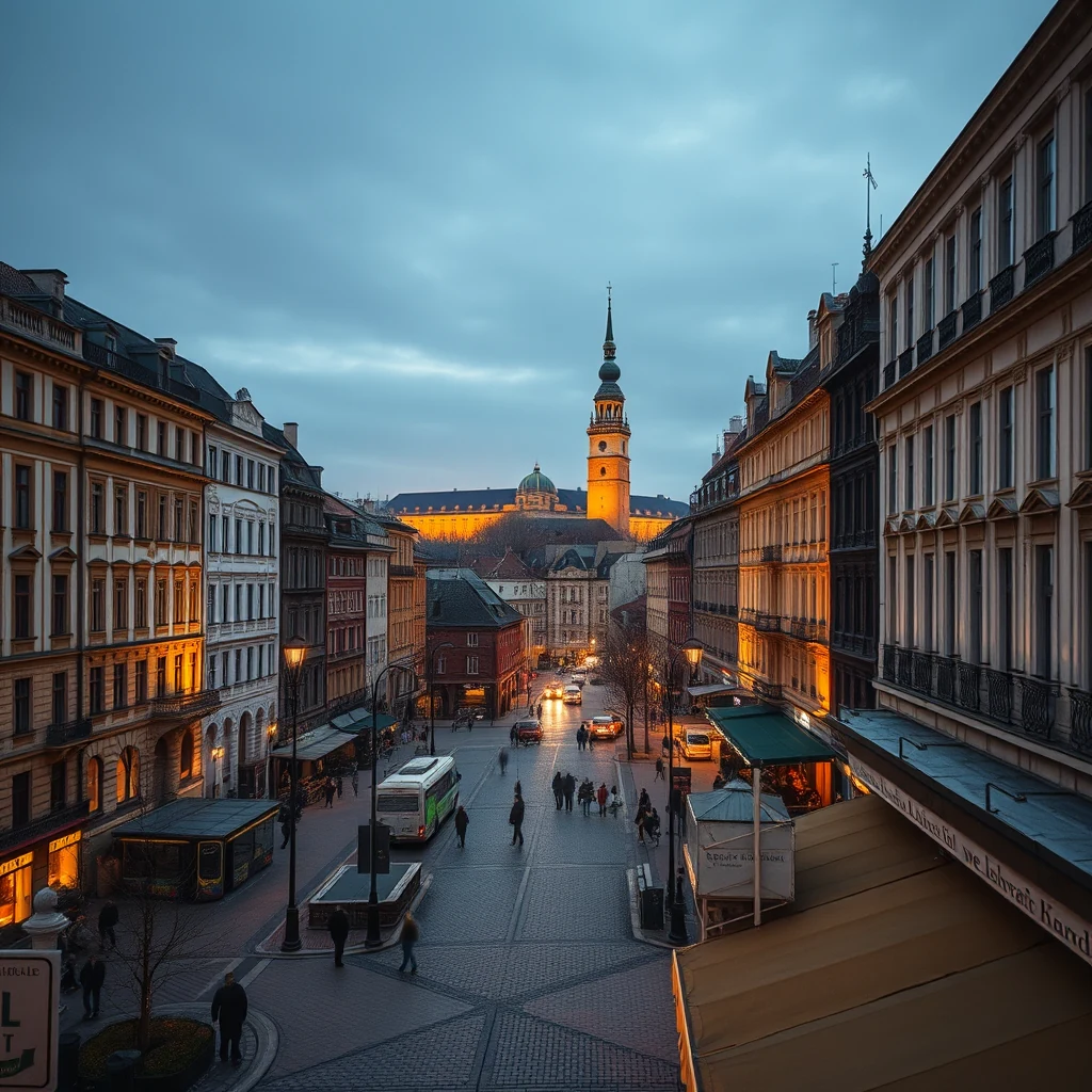 A bustling street scene in Lwów, Poland, with historic buildings lining both sides and a prominent church tower illuminated in the background under a cloudy sky.