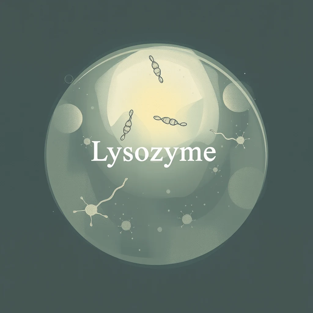 The image depicts a conceptual representation of lysozyme, an antibacterial enzyme found in various bodily fluids, breaking down bacterial cell walls within a translucent sphere.