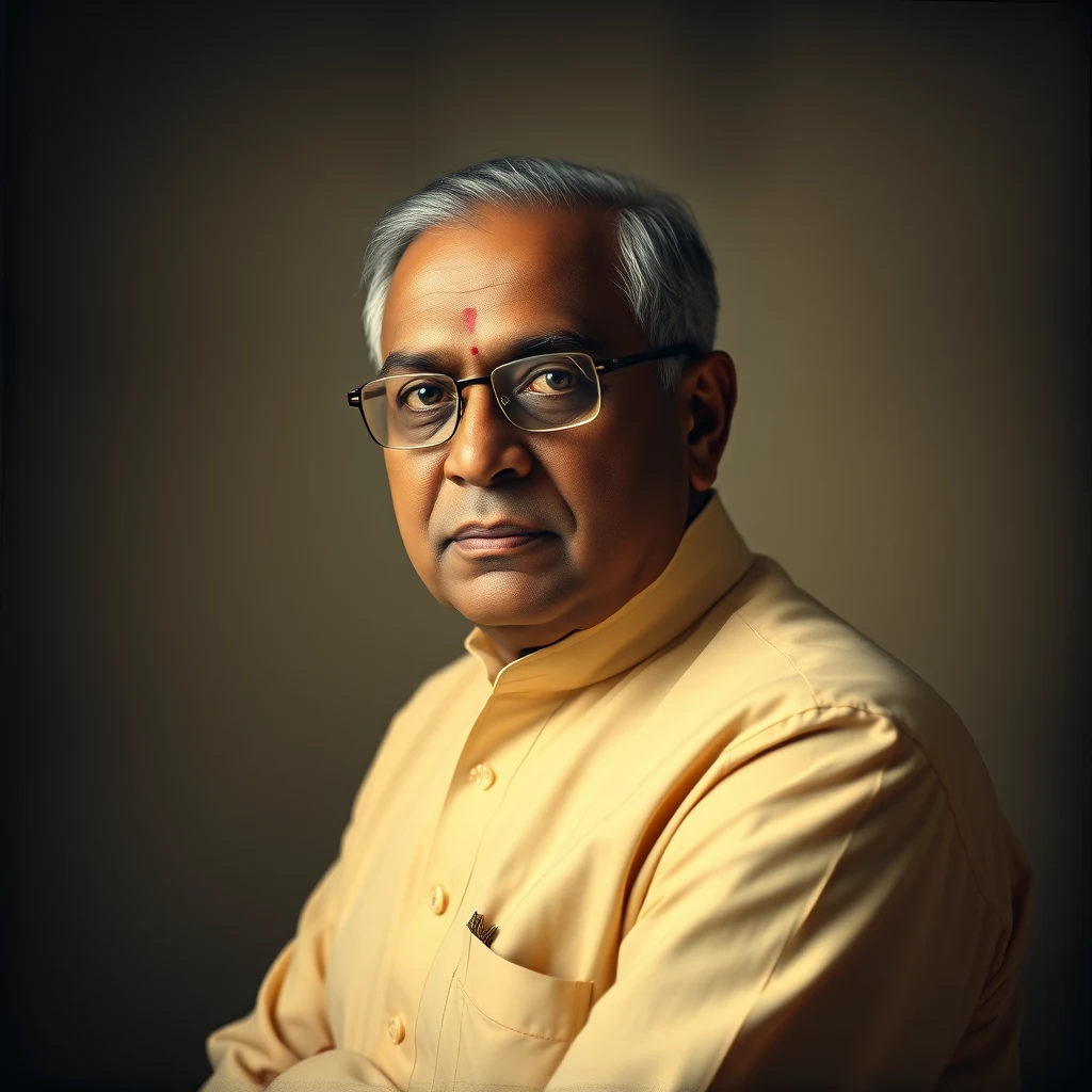 M. S. Swaminathan, wearing glasses and a light yellow kurta, stands against a dark background with a red mark on his forehead, symbolizing his contributions to India's agricultural advancements.