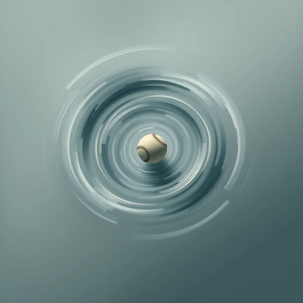 A baseball is at the center of concentric circular ripples, illustrating the Magnus effect where spinning objects create a whirlpool of fluid around themselves, resulting in a force perpendicular to their motion.