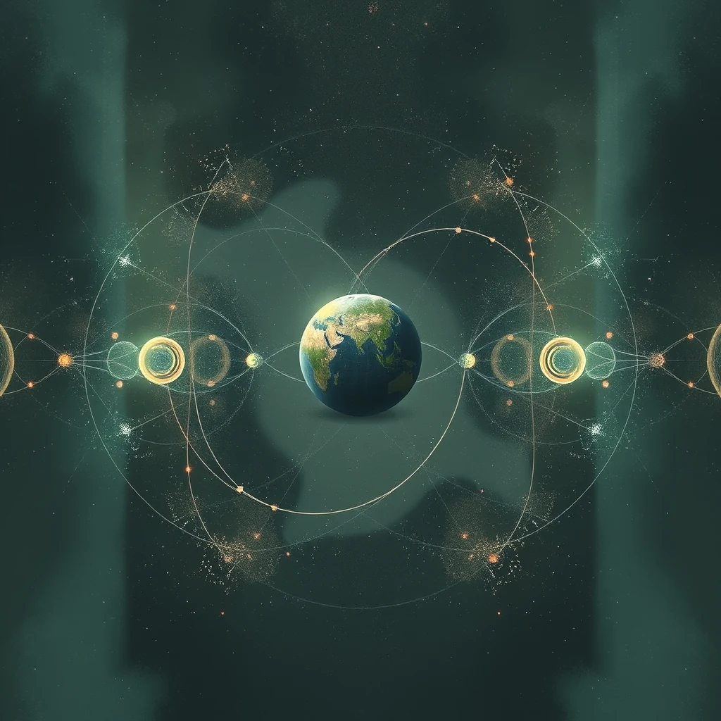 A depiction of the many-worlds interpretation of quantum mechanics, showing multiple Earth-like spheres interconnected by abstract lines against a starry background, symbolizing the branching of realities.
