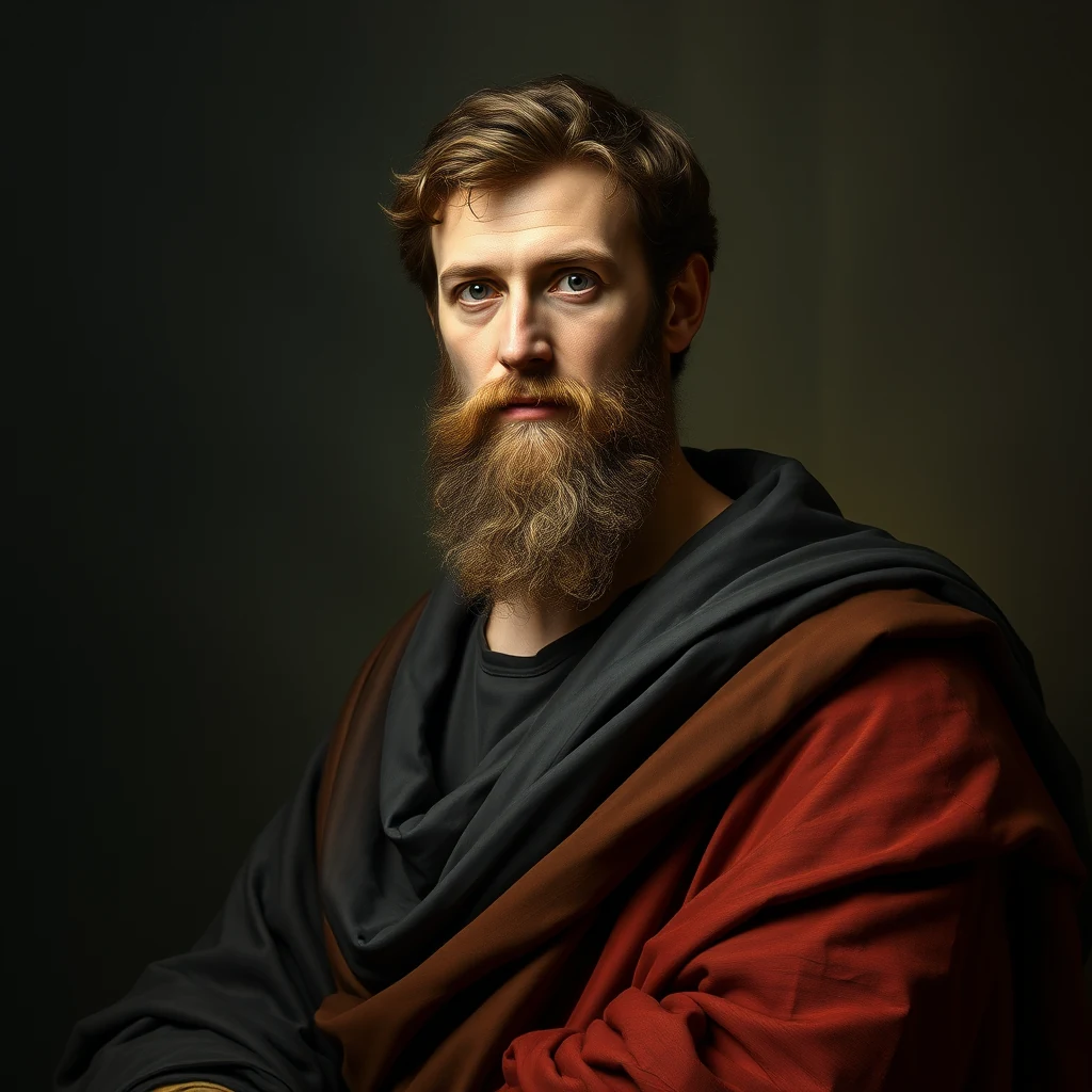 Marcus Varro, a Roman scholar from 116–27 BCE, is depicted wearing a red tunic with a draped black cloak, symbolizing his scholarly and intellectual pursuits.