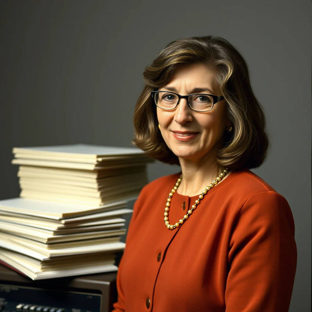 A woman in an orange cardigan stands beside a stack of books, wearing glasses and a pearl necklace, with a dark background.