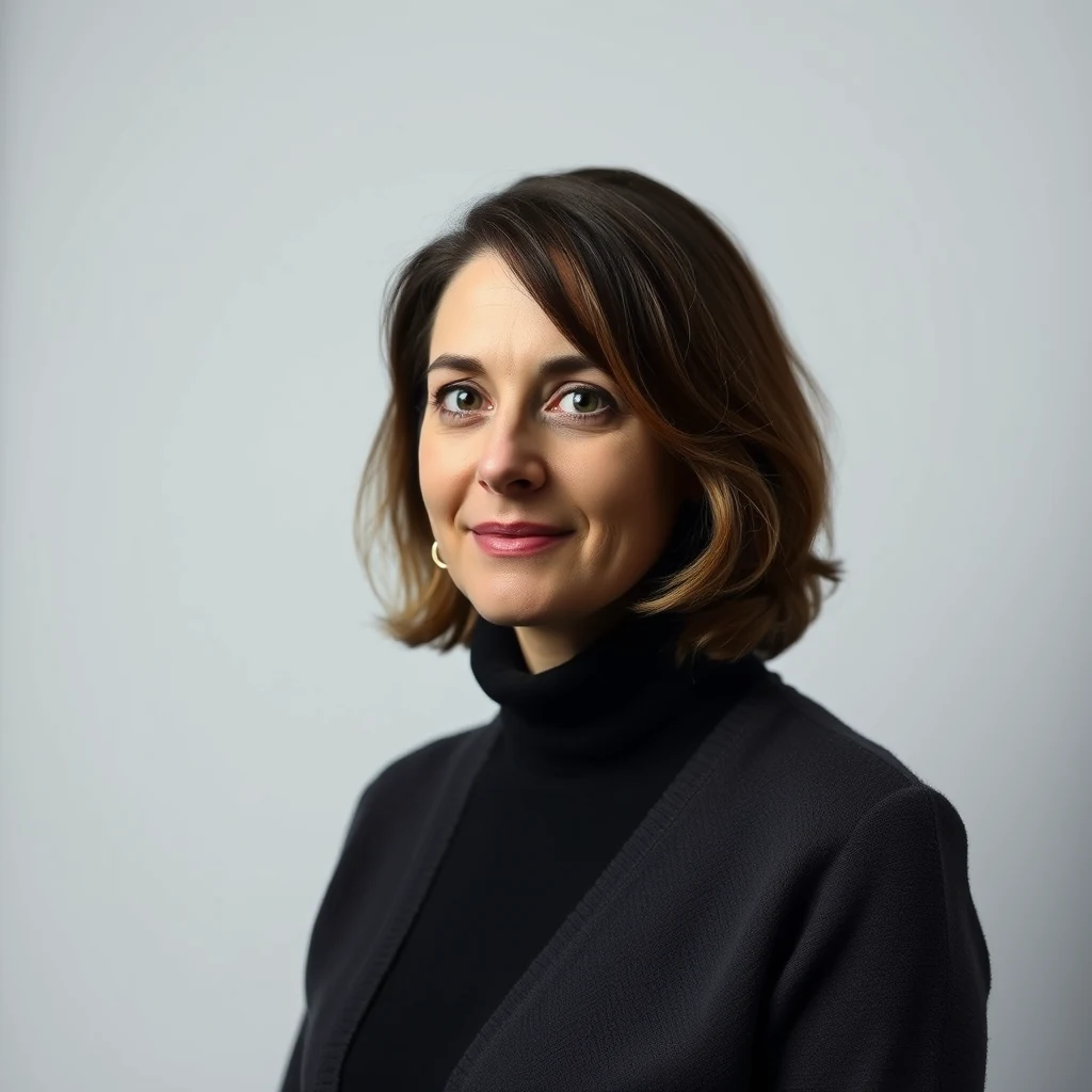 A woman with shoulder-length brown hair, wearing a black turtleneck sweater, stands against a plain background, smiling gently.