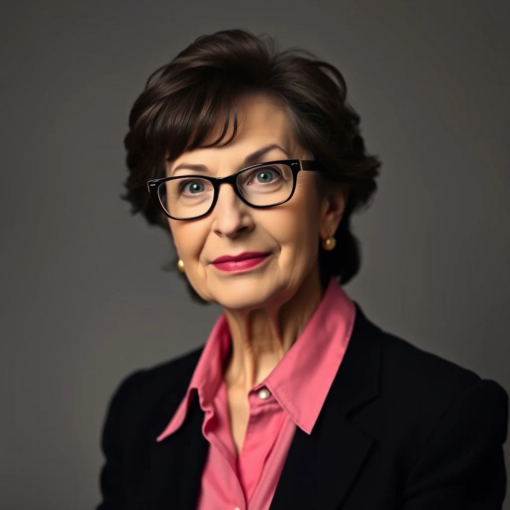 Marilyn vos Savant, an American magazine columnist and author known for her high intelligence test scores, is depicted wearing glasses, a pink shirt, and a black blazer against a neutral background.