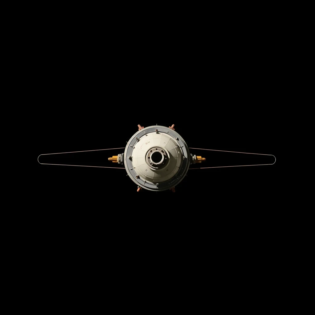 A circular spacecraft with two long, thin solar panels extends from either side against a black background.