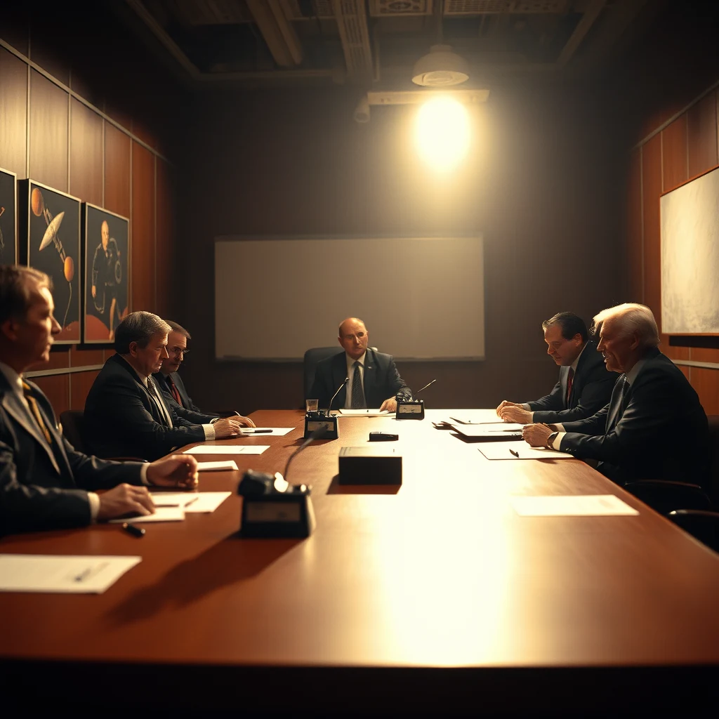 A group of seven individuals in formal attire sits around a long conference table in a dimly lit room, with papers and microphones in front of them, suggesting a serious meeting or investigation.