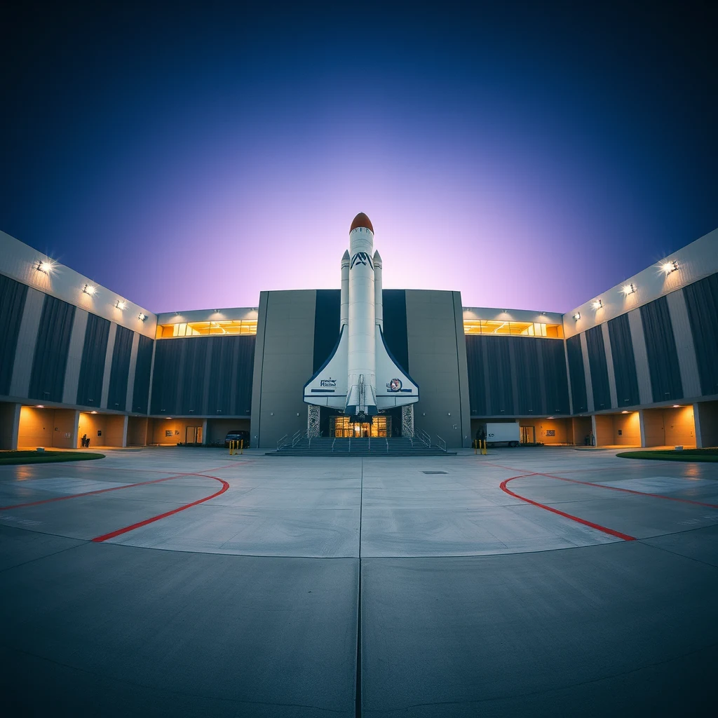 A large white rocket stands prominently in front of a modern building at dusk, with illuminated windows and a clear sky above.