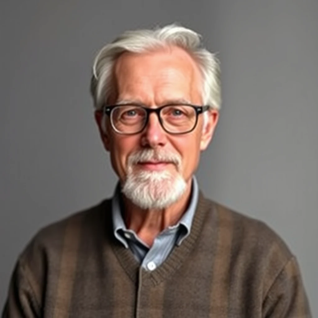 A person with white hair and glasses, wearing a brown sweater over a light blue collared shirt, stands against a neutral gray background.
