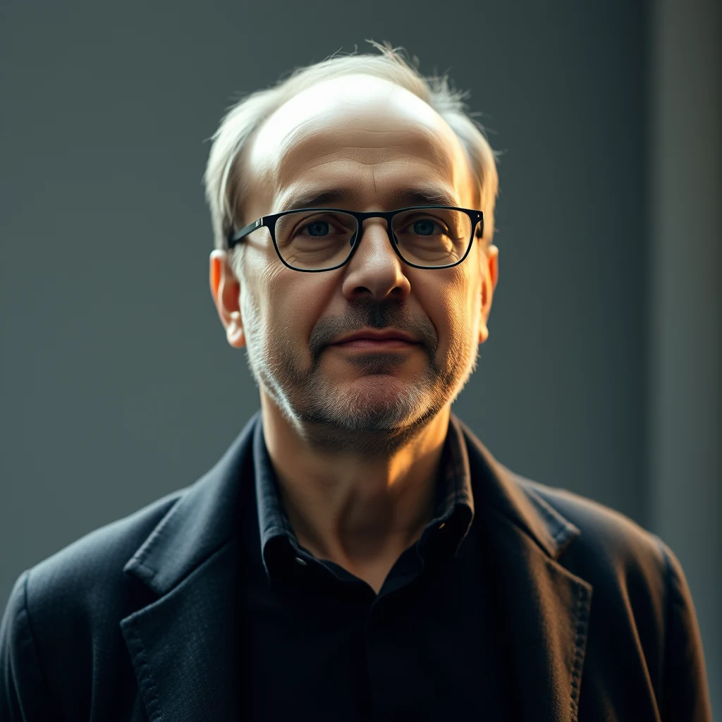 A man with short gray hair and glasses, wearing a dark blazer over a black shirt, stands against a neutral background.