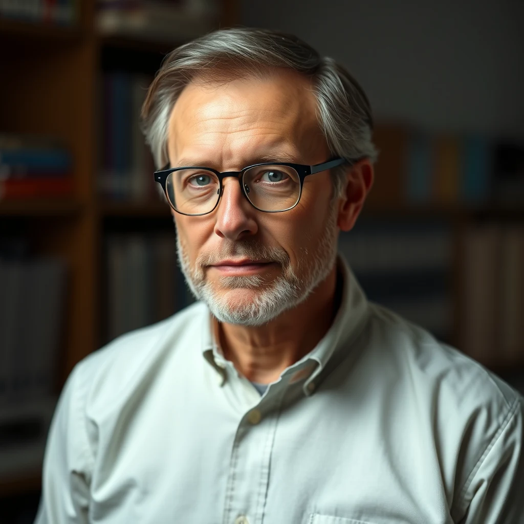 A man with gray hair and glasses, wearing a light-colored shirt, stands against a blurred background of bookshelves.