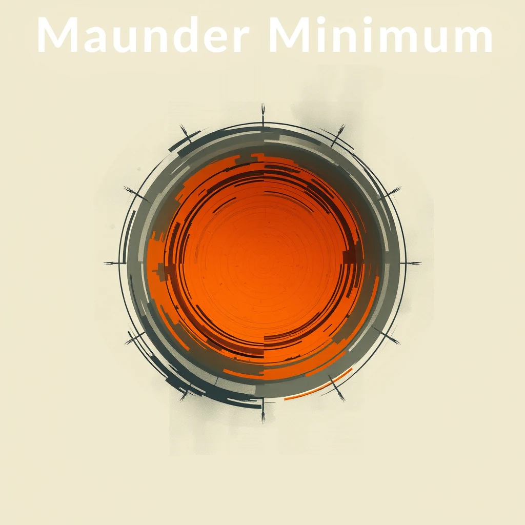 A circular graphic with concentric rings in shades of orange and gray, resembling a stylized representation of the Sun, with the text "Maunder Minimum" at the top.