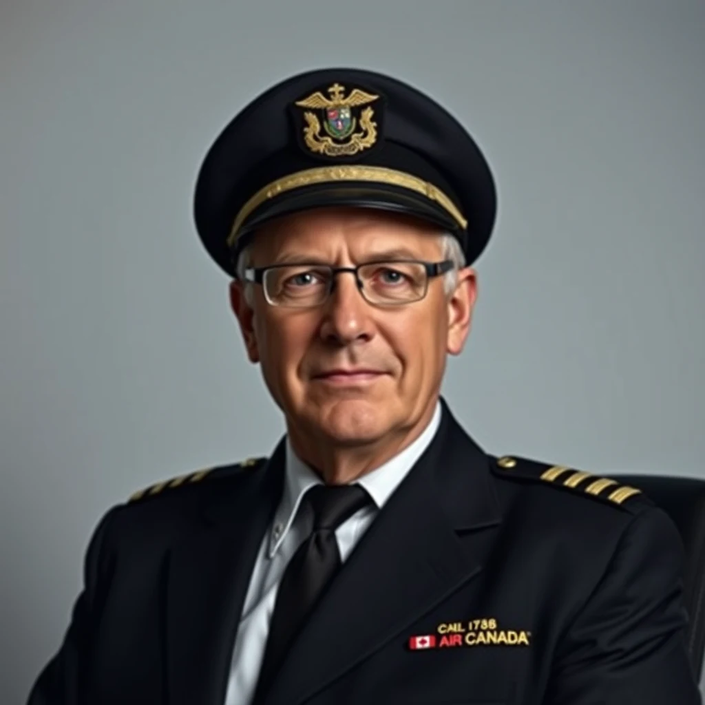 A man wearing an Air Canada pilot uniform with a cap and epaulets, seated against a neutral background.