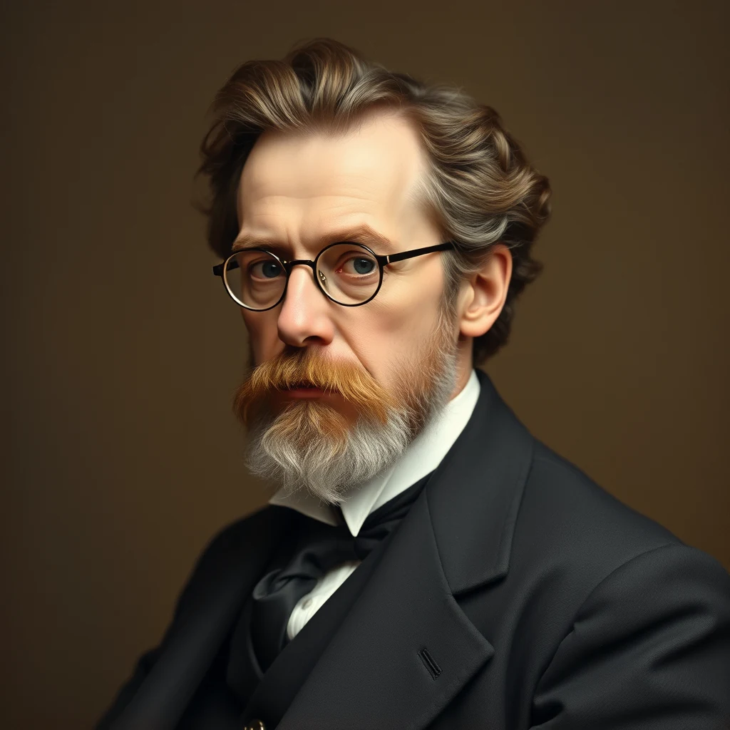 A man with curly hair and a beard wearing glasses and a black suit with a bow tie stands against a dark background.