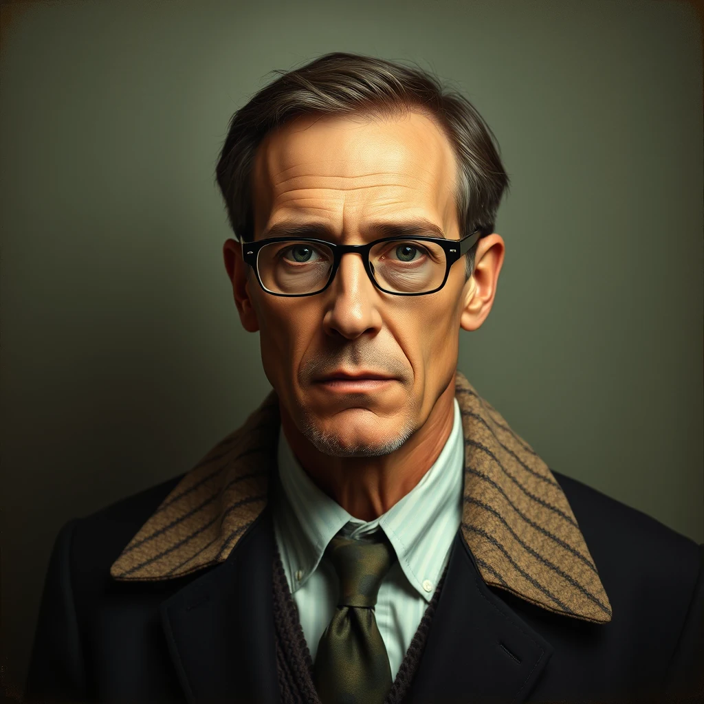 A man wearing glasses, a light blue shirt, a dark tie, and a brown striped jacket stands against a neutral background.