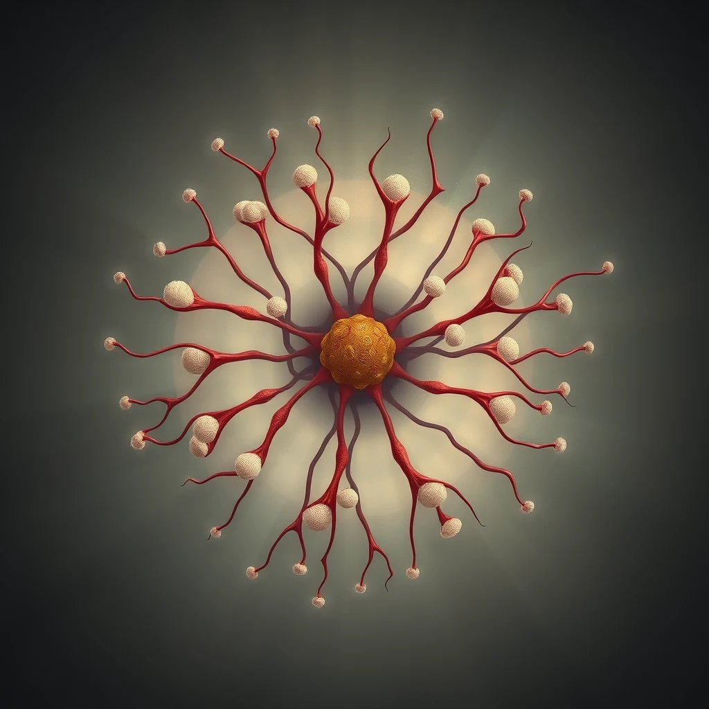 A Meissner corpuscle, a type of encapsulated nerve ending, is depicted with its numerous fine, hair-like projections extending outward from a central, rounded body, illustrating its role in detecting light touch and impending slip of objects.