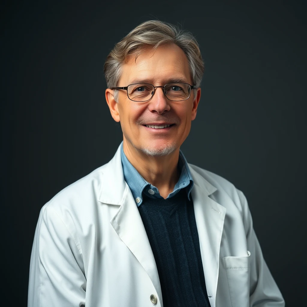 A man wearing glasses and a white lab coat smiles against a dark background.