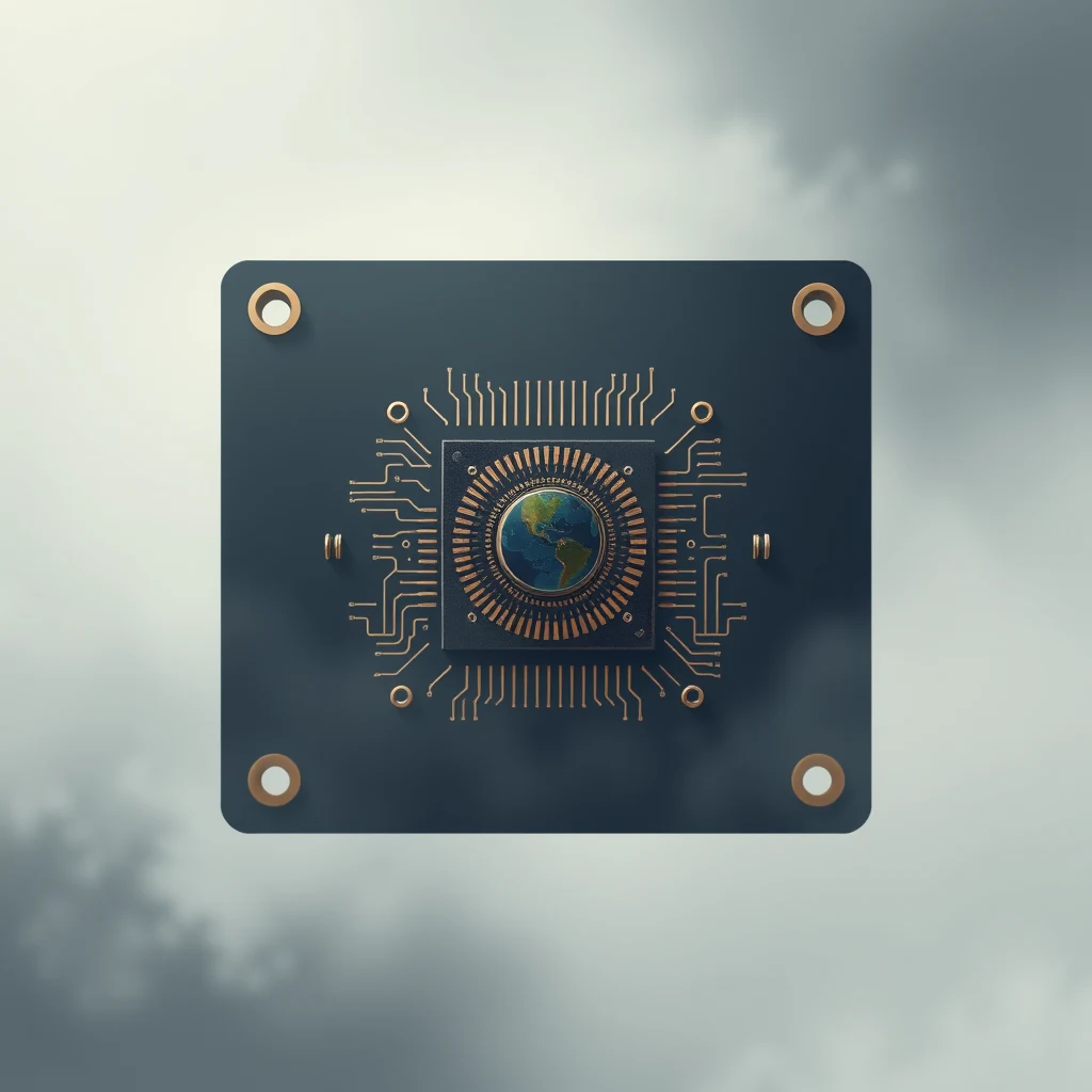 A MEMS device with a central circular design resembling Earth, surrounded by intricate circuitry, set against a cloudy sky background.