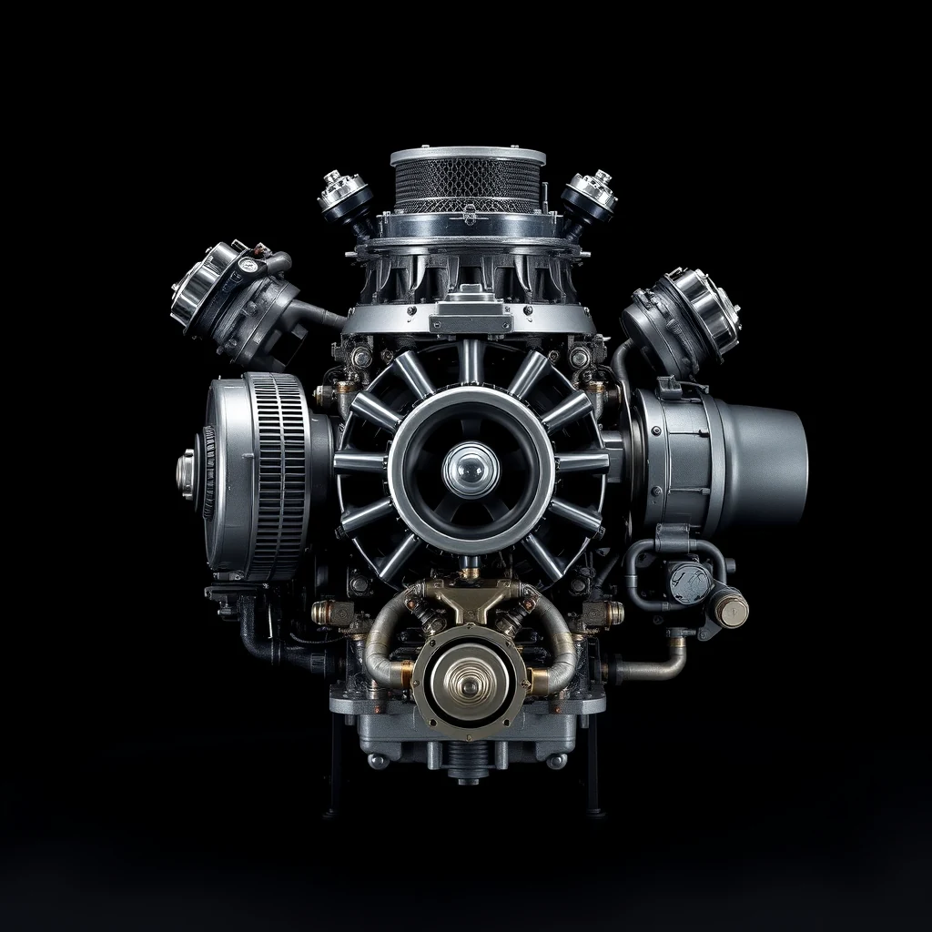 A detailed view of a Merlin engine, a liquid-cooled, supercharged V-12 designed by Rolls-Royce in the mid-1930s, showcasing its intricate mechanical components against a dark background.