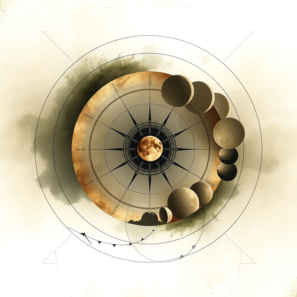 A compass-like diagram illustrates the phases of the moon, with a central full moon surrounded by its waxing and waning phases, symbolizing the Metonic cycle.