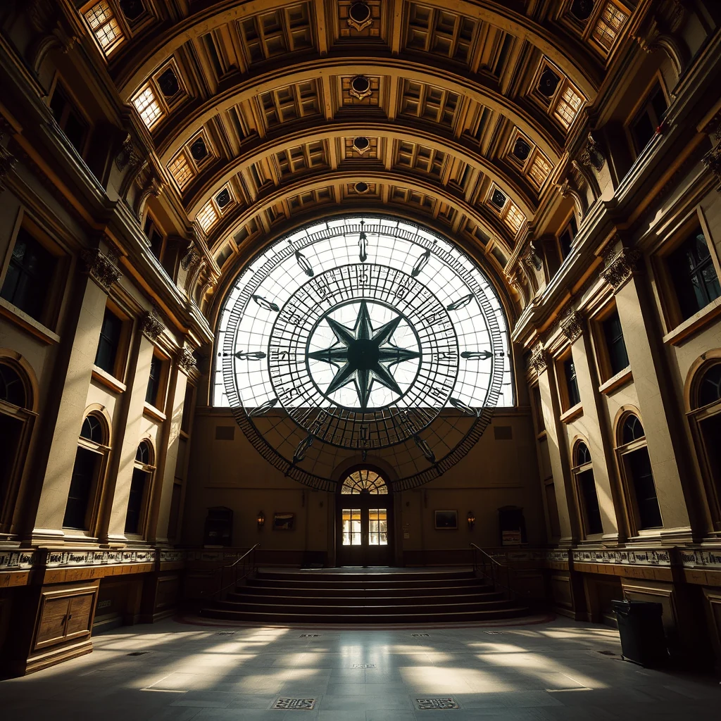 A grand interior space with ornate architecture features a large circular skylight at the center, allowing natural light to illuminate the area below.