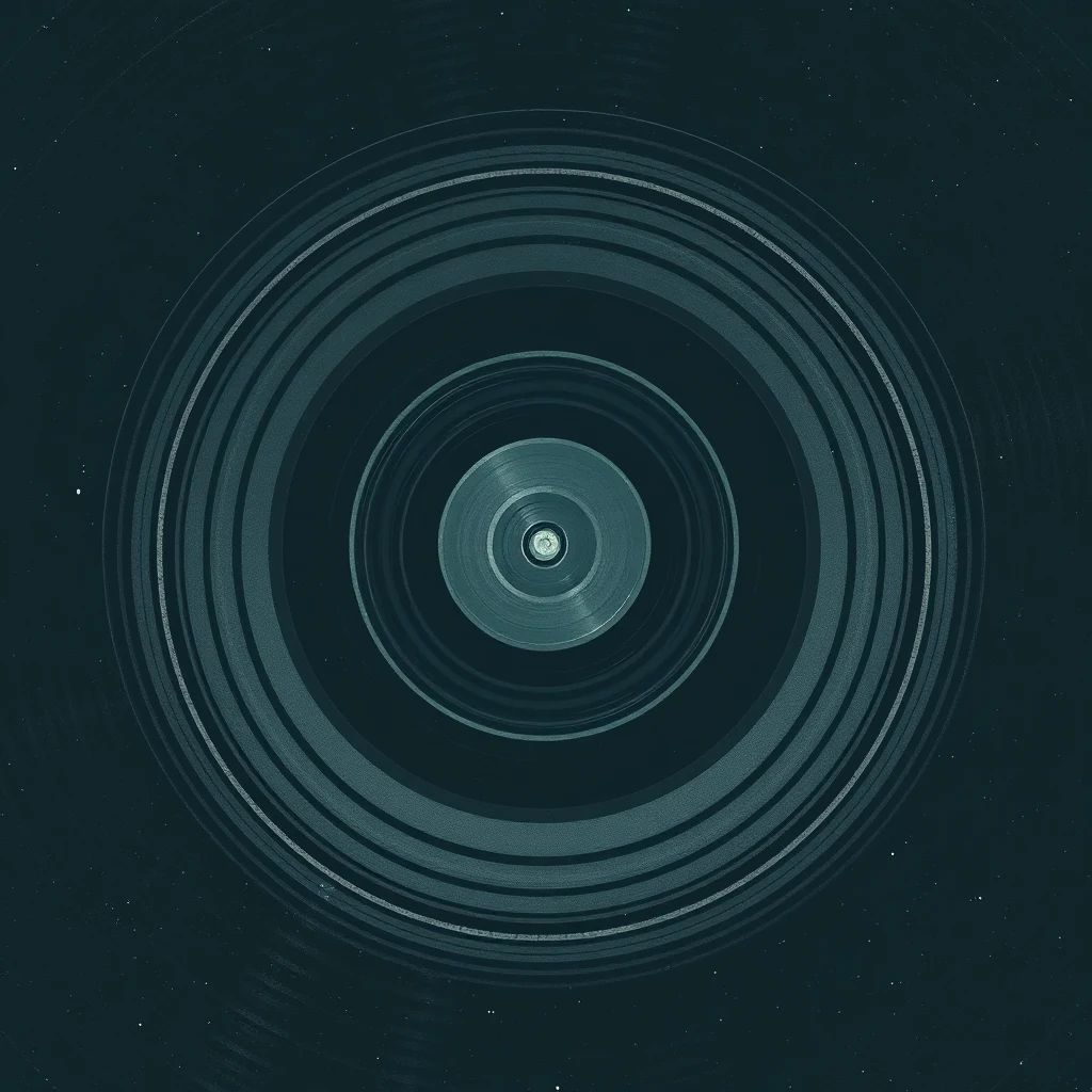 A vinyl record with concentric grooves radiating outward from the center, symbolizing the microgroove concept introduced by Columbia Records in 1948.