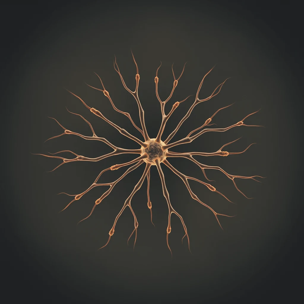 A microtubule, a hollow protein tube composed of tubulin, extends outward in a star-like pattern, demonstrating its role in cellular structure and cargo transport.