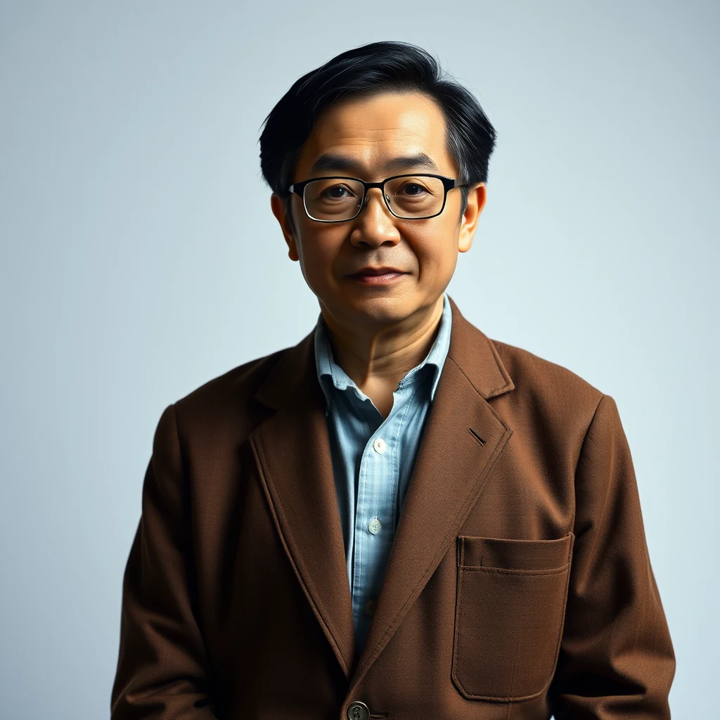 A person wearing glasses, a brown blazer over a light blue shirt, stands against a plain background.