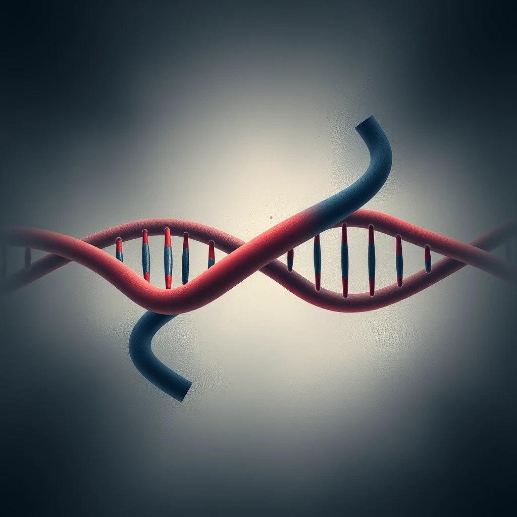 A DNA double helix with mismatched bases is depicted, symbolizing the process of mismatch repair in genome surveillance systems.
