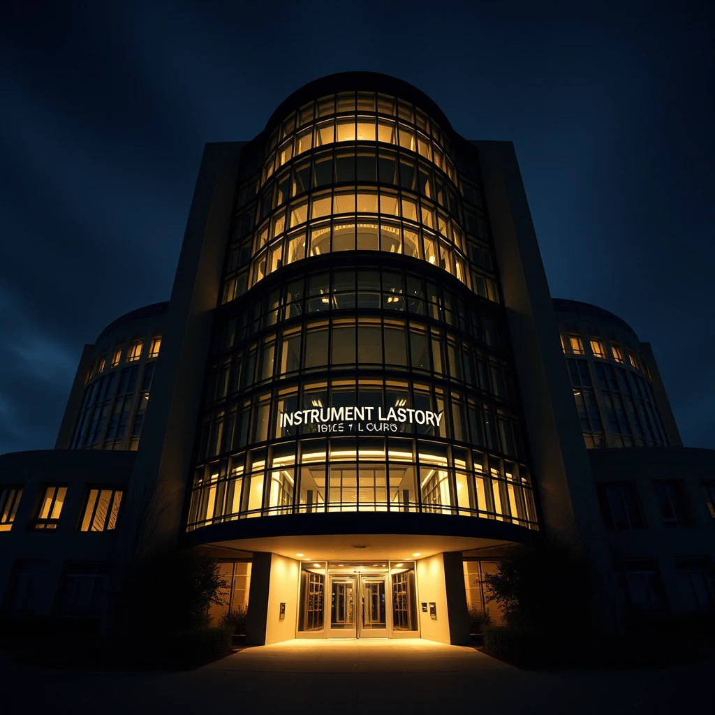 A modern building with illuminated glass windows and a curved facade stands under a dark sky, featuring the sign "INSTRUMENT LASTORY" above its entrance.