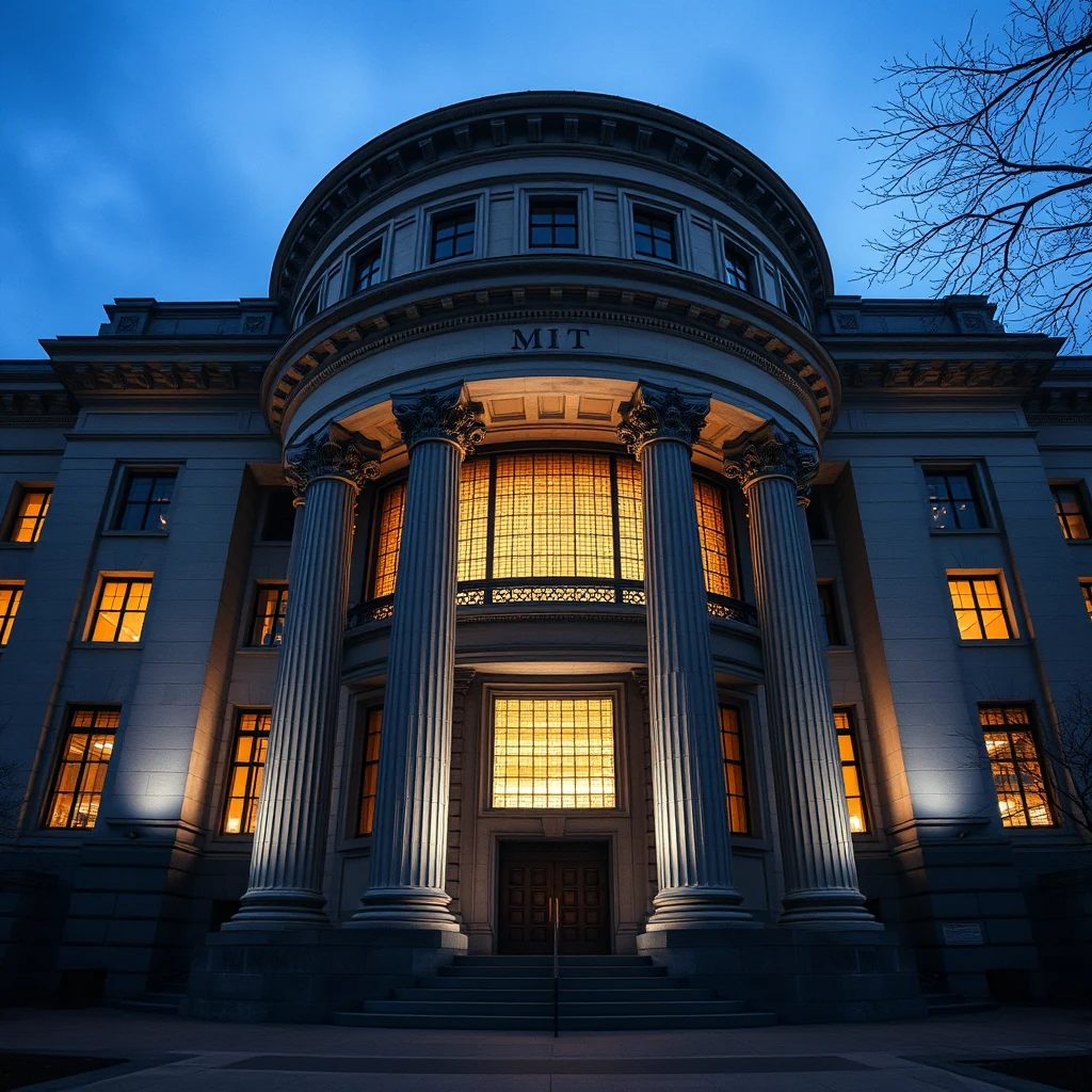 A grand, neoclassical building with prominent columns and illuminated windows stands under a twilight sky, featuring the letters "MIT" at its top.